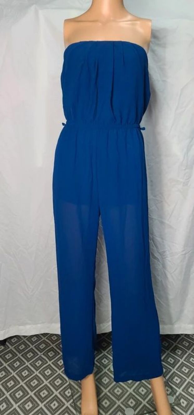 Iris Los Angeles Blue Strapless Pleated Bodice Elastic Waistband Jumpsuit Small